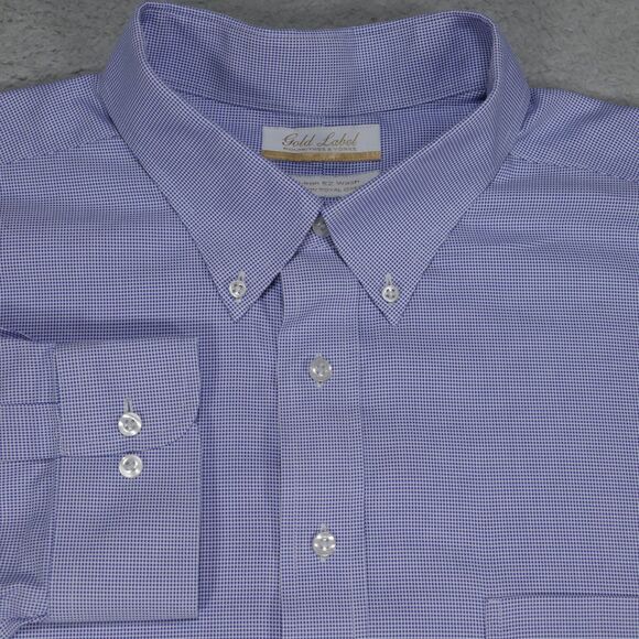 Roundtree Yorke Gold Label Shirt Men 19-36/37 Button Blue Check Long Sleeve - Picture 1 of 16